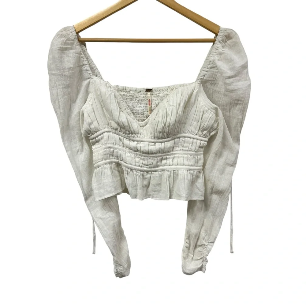 Free‎ People boho Chloe Long Sleeve Top Smocked White Ruffle WHITE COTTAGE CORE